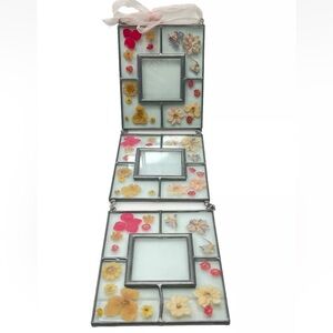 VTG Pressed Dried Flower Glassleaded Hanging Triple Frame Bohemian Chic 20” Long